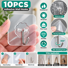 10PC Transparent Wall Hooks – Strong No-Drill Adhesive Hooks for Clothes, Towels, Kitchen & Bathroom