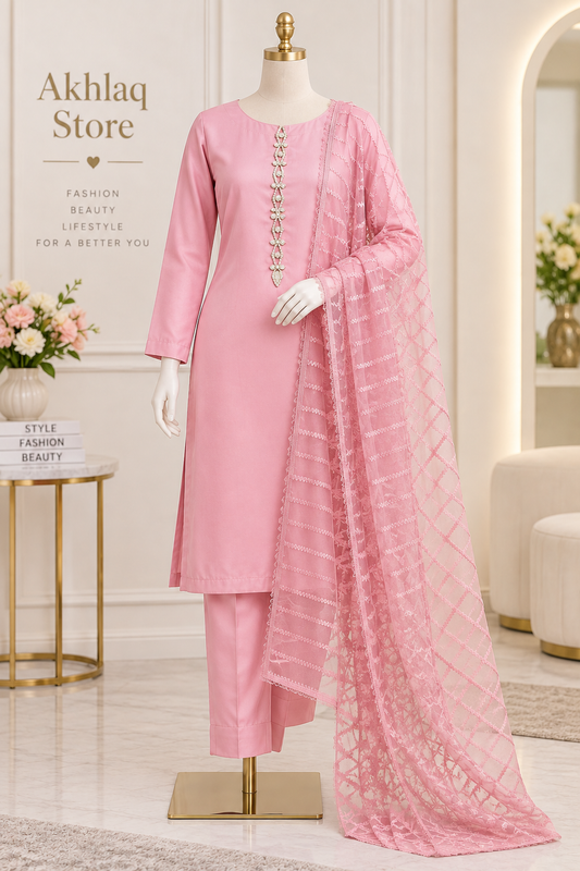 Rubika Women’s Katan Silk Unstitched 3-Piece Suit | Plain Shirt, Trouser & Net Dupatta